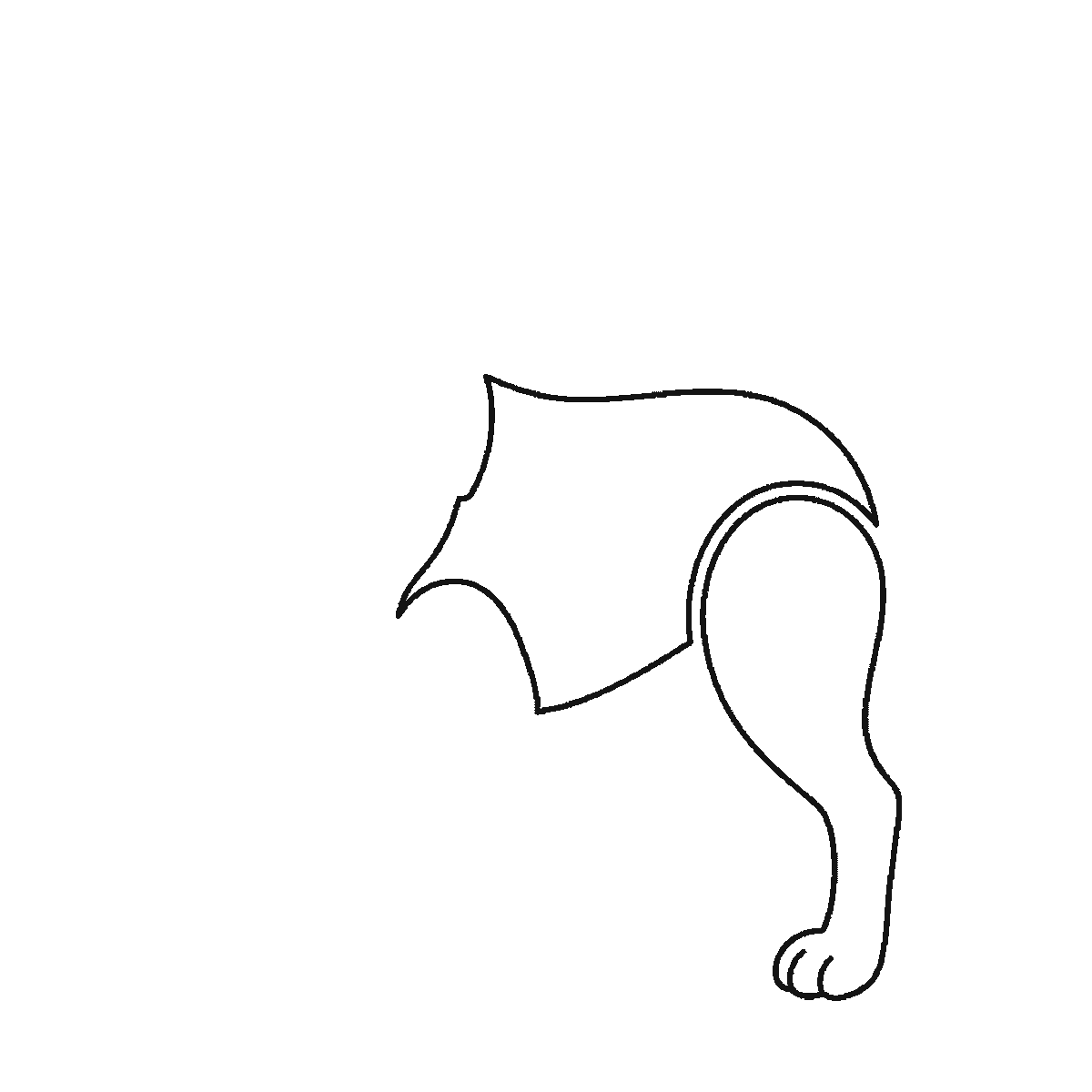 Step 1 of 6: Step-by-step drawing sheet: a wolf standing in profile, built up over six frames from the chest ruff and a hind leg to the body, head and bushy tail, black outlines on white