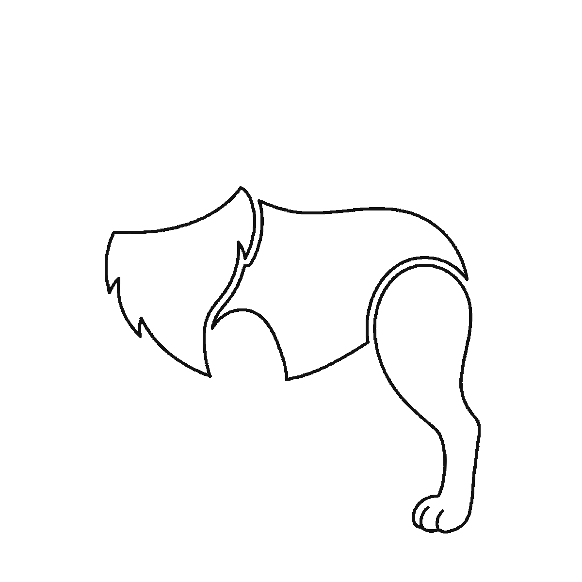 Step 2 of 6: Step-by-step drawing sheet: a wolf standing in profile, built up over six frames from the chest ruff and a hind leg to the body, head and bushy tail, black outlines on white