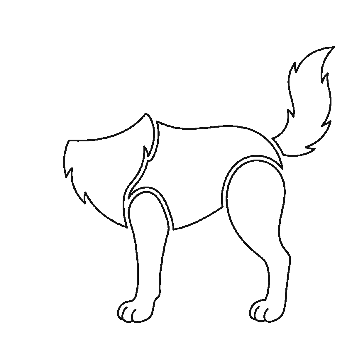 Step 3 of 6: Step-by-step drawing sheet: a wolf standing in profile, built up over six frames from the chest ruff and a hind leg to the body, head and bushy tail, black outlines on white