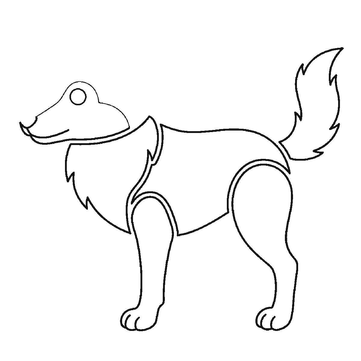 Step 4 of 6: Step-by-step drawing sheet: a wolf standing in profile, built up over six frames from the chest ruff and a hind leg to the body, head and bushy tail, black outlines on white