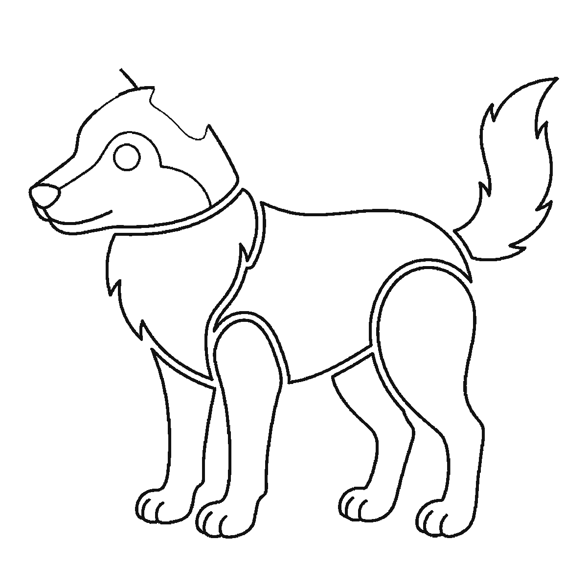 Step 5 of 6: Step-by-step drawing sheet: a wolf standing in profile, built up over six frames from the chest ruff and a hind leg to the body, head and bushy tail, black outlines on white