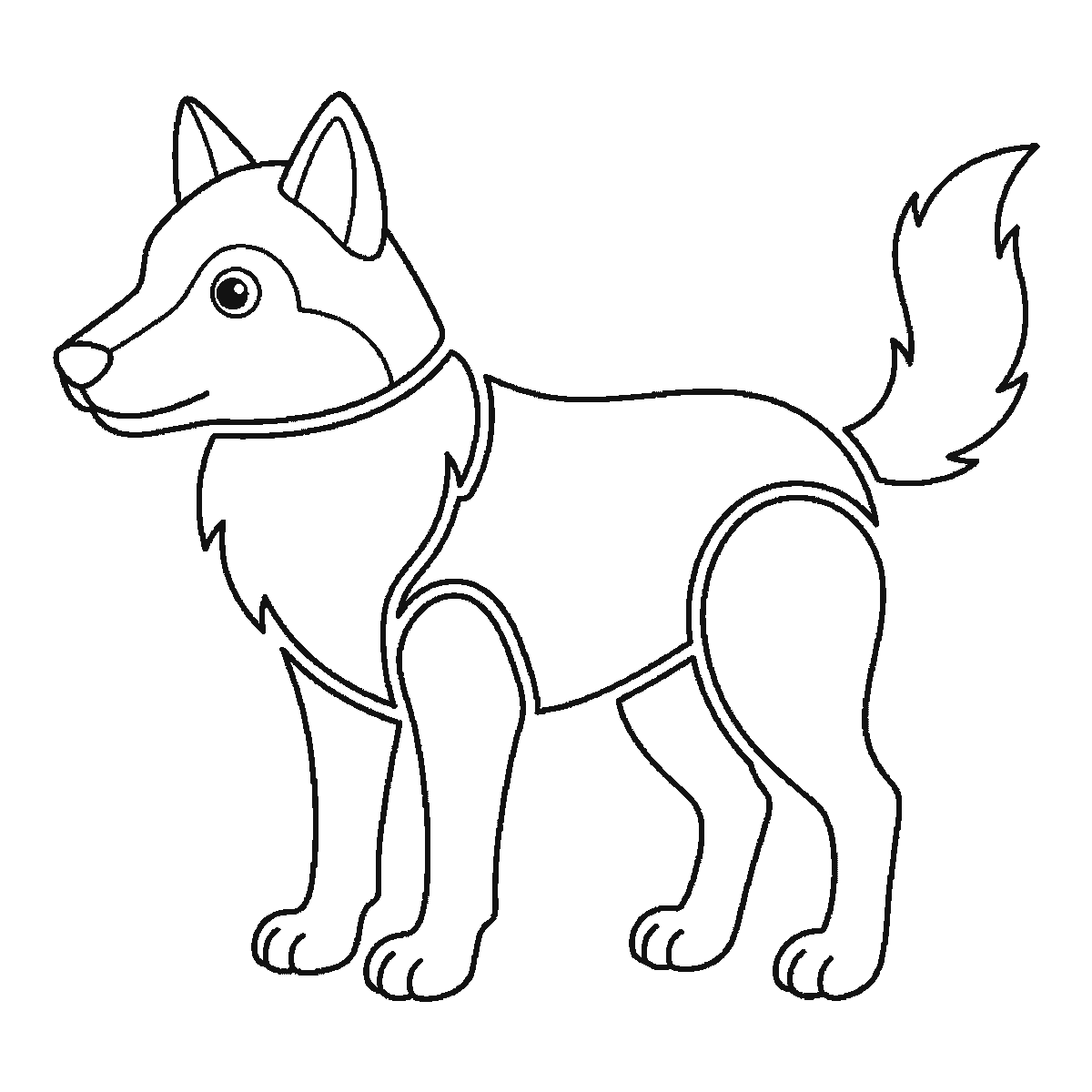 Step 6 of 6: Step-by-step drawing sheet: a wolf standing in profile, built up over six frames from the chest ruff and a hind leg to the body, head and bushy tail, black outlines on white