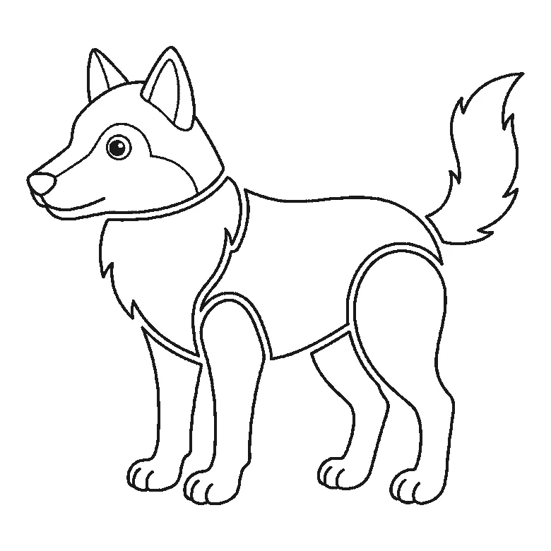 Step-by-step drawing sheet: a wolf standing in profile, built up over six frames from the chest ruff and a hind leg to the body, head and bushy tail, black outlines on white