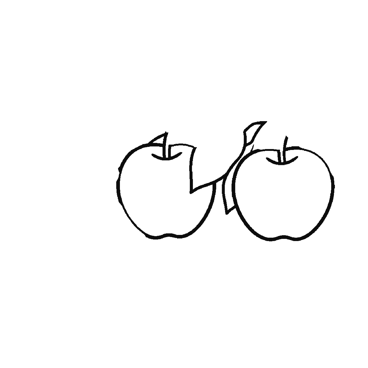 Step 1 of 6: Step-by-step drawing sheet: three apples hanging on a leafy branch with a fourth lying on the ground below, built up over six frames from two of the hanging apples to the third and the fallen one, then the leaves and the branch, black outlines on white