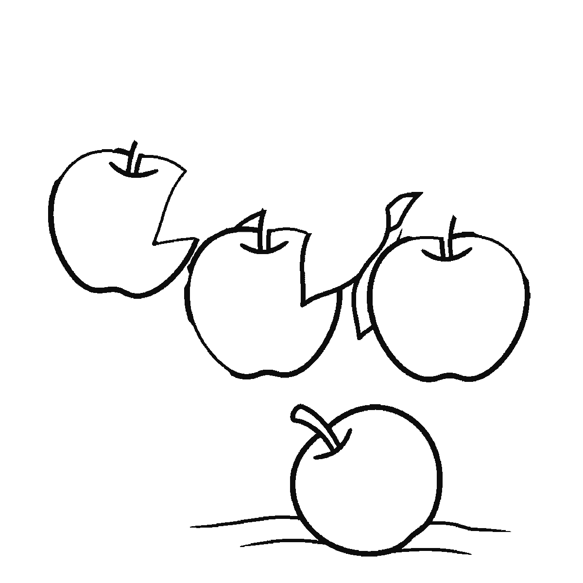 Step 2 of 6: Step-by-step drawing sheet: three apples hanging on a leafy branch with a fourth lying on the ground below, built up over six frames from two of the hanging apples to the third and the fallen one, then the leaves and the branch, black outlines on white