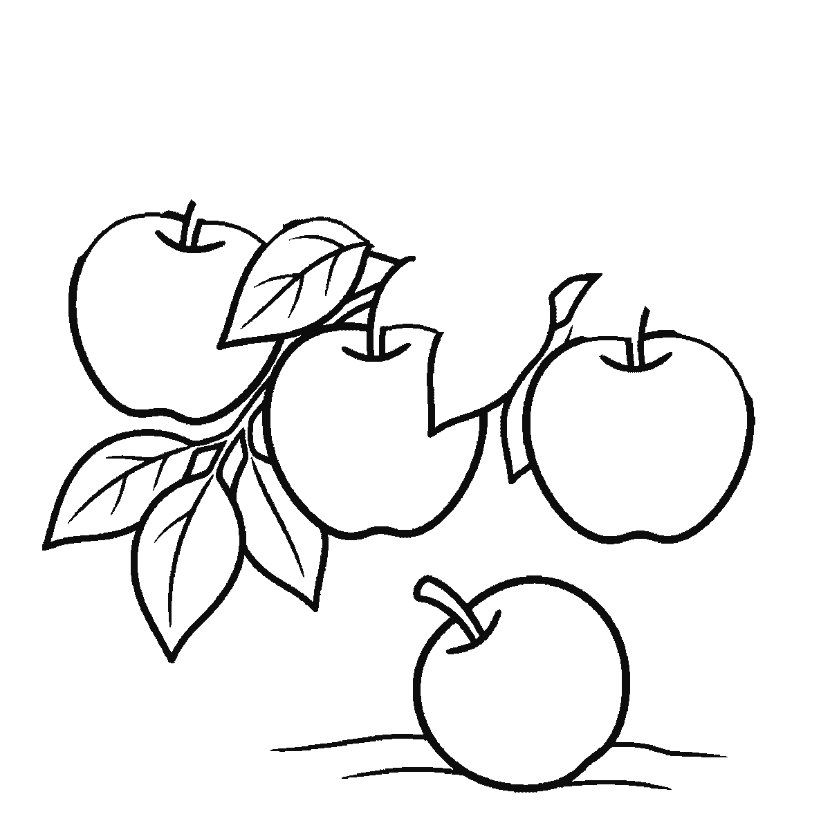 Step 3 of 6: Step-by-step drawing sheet: three apples hanging on a leafy branch with a fourth lying on the ground below, built up over six frames from two of the hanging apples to the third and the fallen one, then the leaves and the branch, black outlines on white