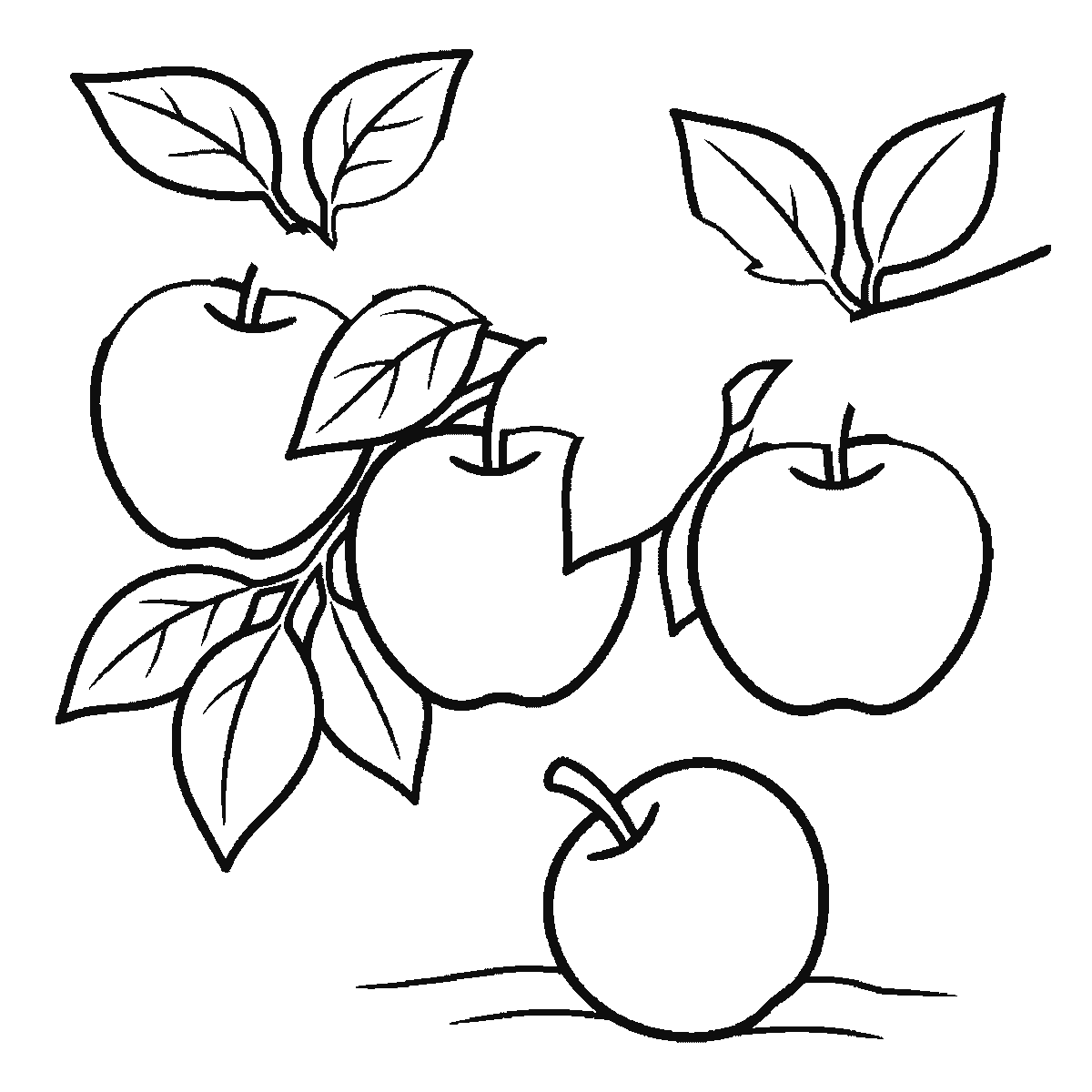 Step 4 of 6: Step-by-step drawing sheet: three apples hanging on a leafy branch with a fourth lying on the ground below, built up over six frames from two of the hanging apples to the third and the fallen one, then the leaves and the branch, black outlines on white