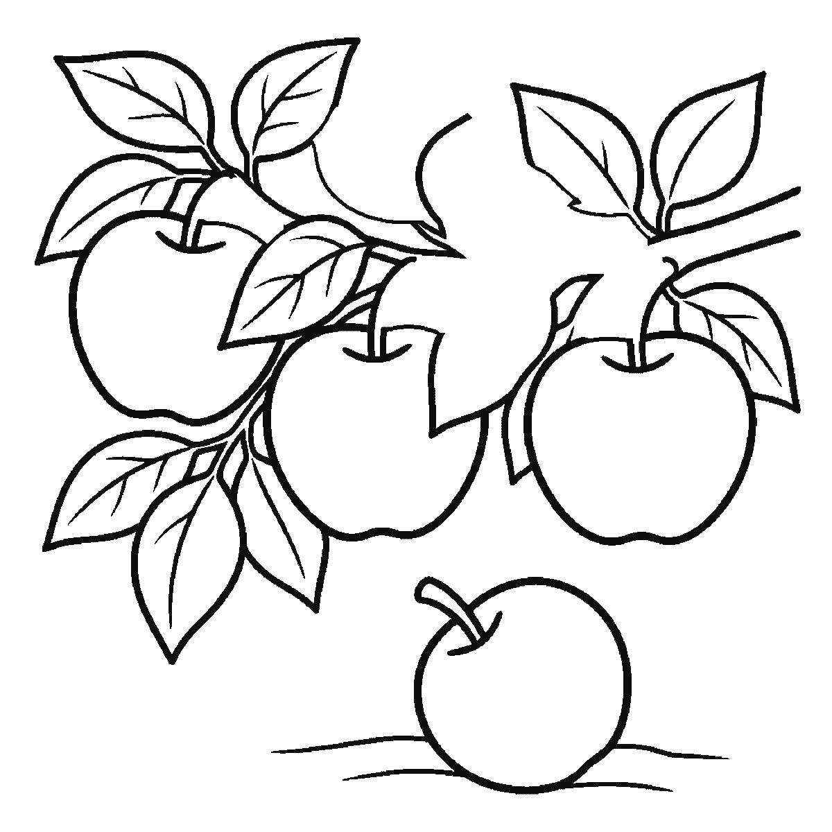 Step 5 of 6: Step-by-step drawing sheet: three apples hanging on a leafy branch with a fourth lying on the ground below, built up over six frames from two of the hanging apples to the third and the fallen one, then the leaves and the branch, black outlines on white
