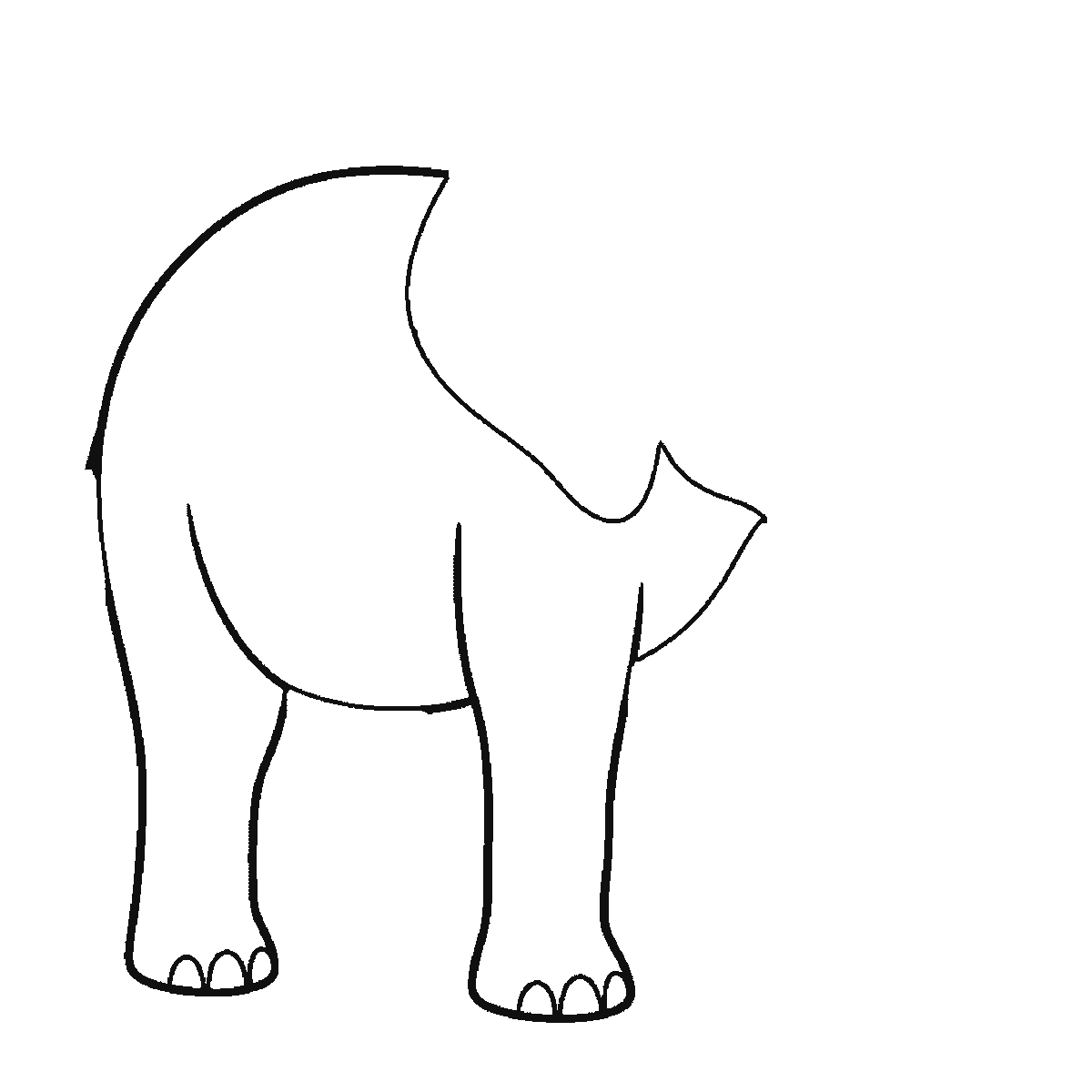 Step 1 of 6: Step-by-step drawing sheet: an elephant standing in profile, built up over six frames from the body and near legs to the head, curved trunk, tusk and eye, then the large ear, the two far legs, and the tufted tail last, black outlines on white