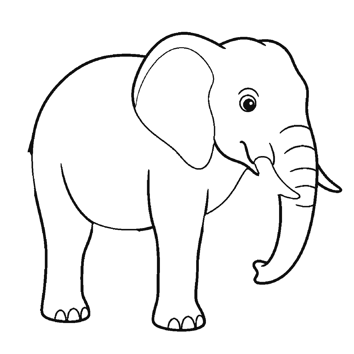 Step 2 of 6: Step-by-step drawing sheet: an elephant standing in profile, built up over six frames from the body and near legs to the head, curved trunk, tusk and eye, then the large ear, the two far legs, and the tufted tail last, black outlines on white