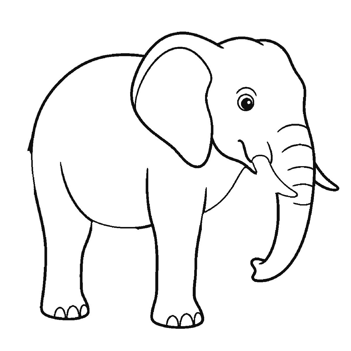Step 3 of 6: Step-by-step drawing sheet: an elephant standing in profile, built up over six frames from the body and near legs to the head, curved trunk, tusk and eye, then the large ear, the two far legs, and the tufted tail last, black outlines on white