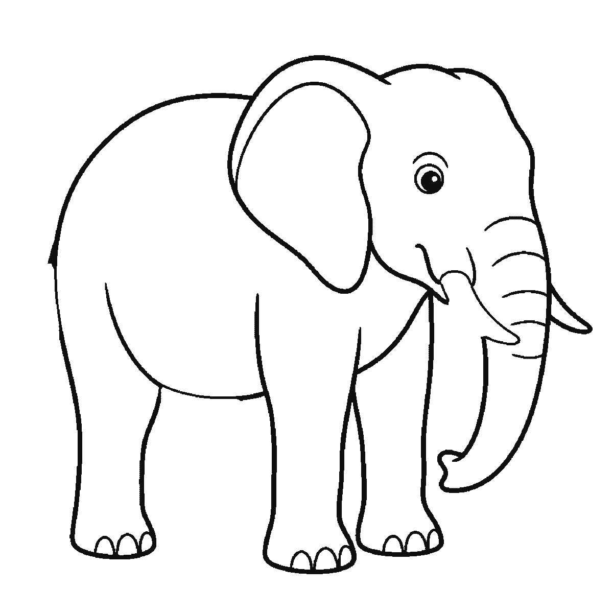 Step 4 of 6: Step-by-step drawing sheet: an elephant standing in profile, built up over six frames from the body and near legs to the head, curved trunk, tusk and eye, then the large ear, the two far legs, and the tufted tail last, black outlines on white
