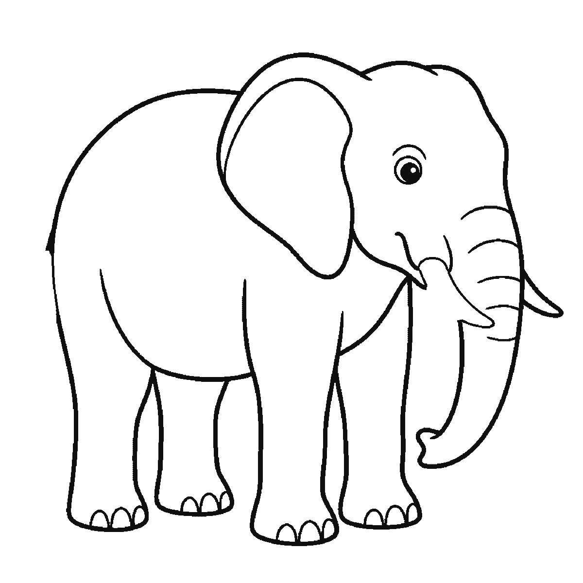 Step 5 of 6: Step-by-step drawing sheet: an elephant standing in profile, built up over six frames from the body and near legs to the head, curved trunk, tusk and eye, then the large ear, the two far legs, and the tufted tail last, black outlines on white