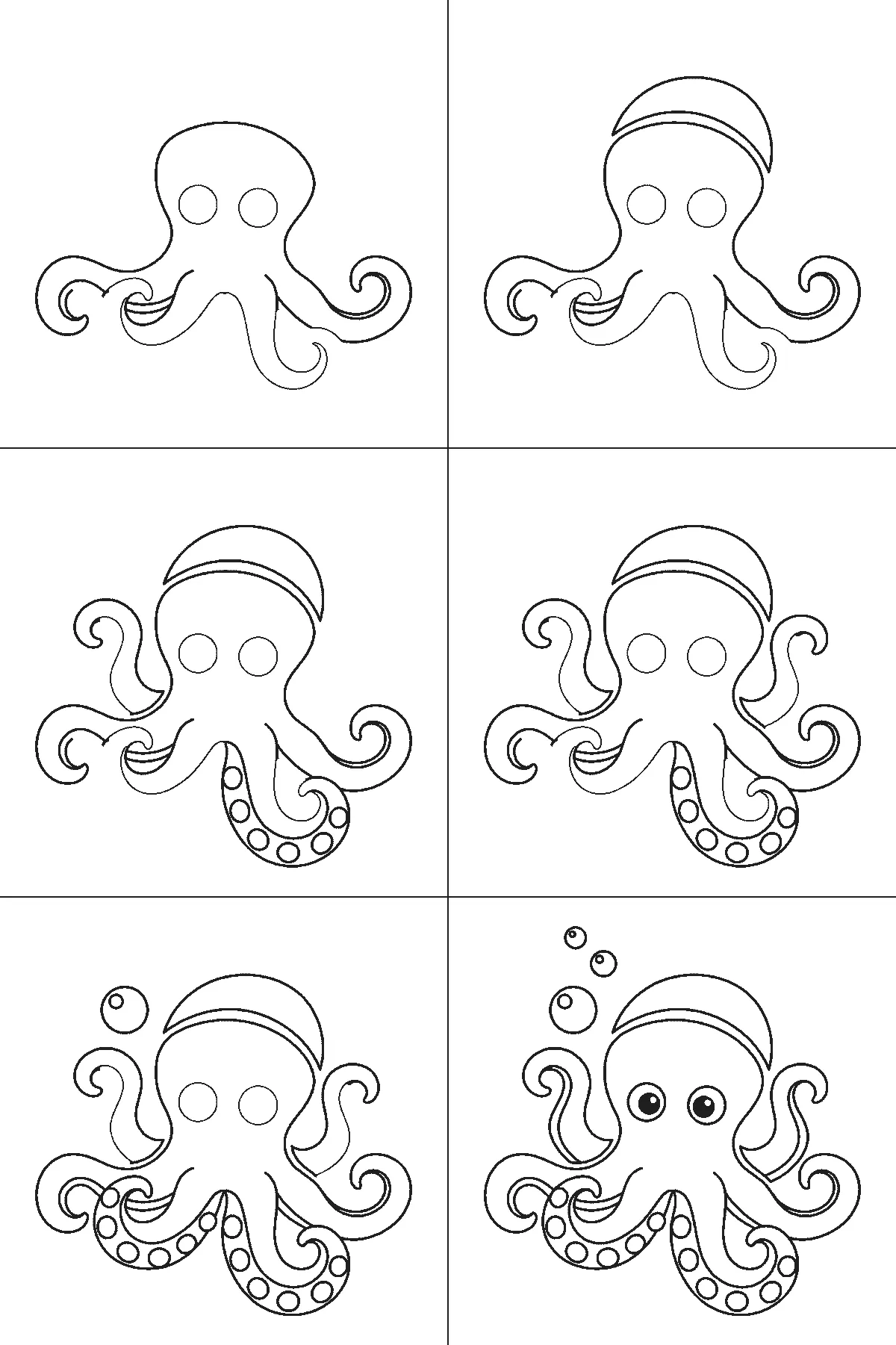 Step-by-step drawing sheet: an octopus with bubbles rising beside it, built up over six frames from the domed head with both eye outlines and the two outer arms to the band across the head, then the remaining arms and their rows of suckers, with the bubbles and the filled pupils last, black outlines on white