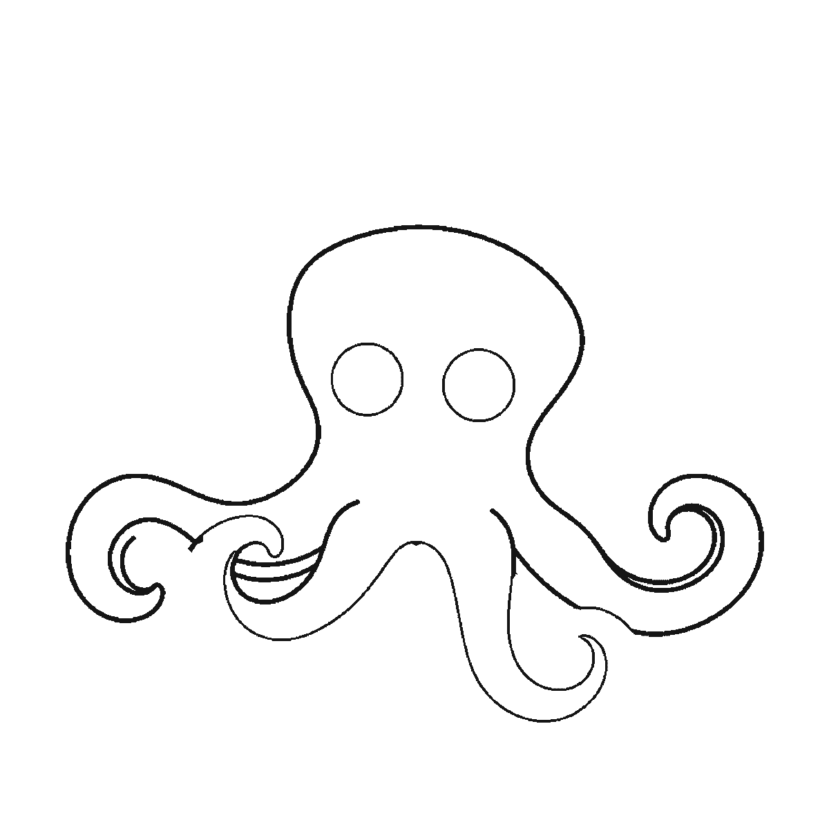 Step 1 of 6: Step-by-step drawing sheet: an octopus with bubbles rising beside it, built up over six frames from the domed head with both eye outlines and the two outer arms to the band across the head, then the remaining arms and their rows of suckers, with the bubbles and the filled pupils last, black outlines on white
