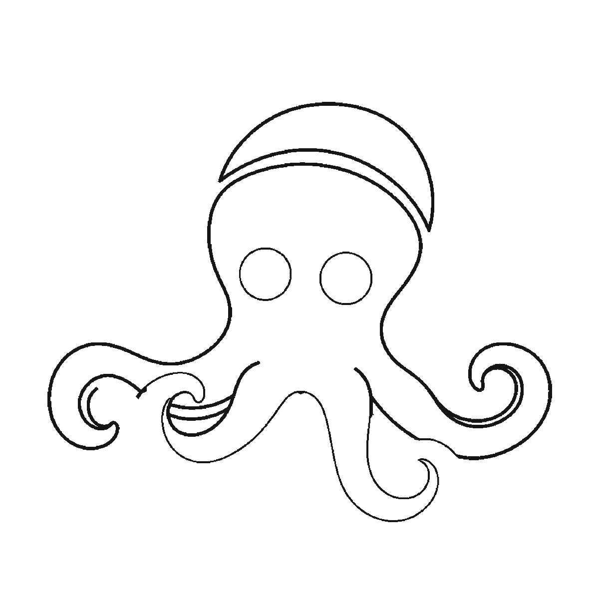 Step 2 of 6: Step-by-step drawing sheet: an octopus with bubbles rising beside it, built up over six frames from the domed head with both eye outlines and the two outer arms to the band across the head, then the remaining arms and their rows of suckers, with the bubbles and the filled pupils last, black outlines on white
