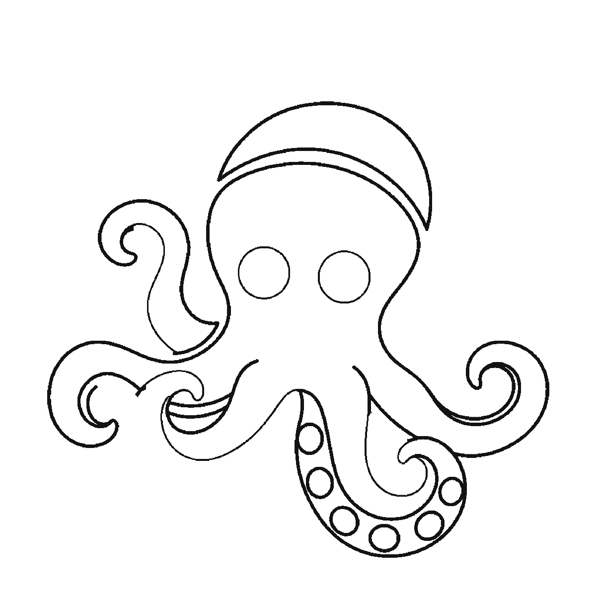 Step 3 of 6: Step-by-step drawing sheet: an octopus with bubbles rising beside it, built up over six frames from the domed head with both eye outlines and the two outer arms to the band across the head, then the remaining arms and their rows of suckers, with the bubbles and the filled pupils last, black outlines on white
