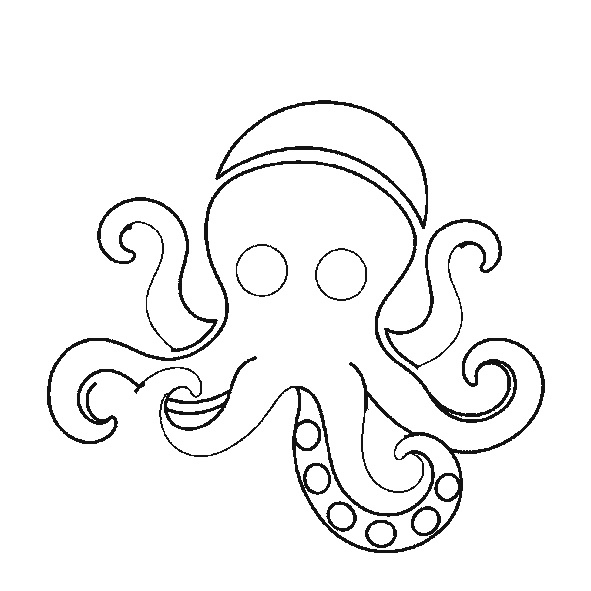 Step 4 of 6: Step-by-step drawing sheet: an octopus with bubbles rising beside it, built up over six frames from the domed head with both eye outlines and the two outer arms to the band across the head, then the remaining arms and their rows of suckers, with the bubbles and the filled pupils last, black outlines on white