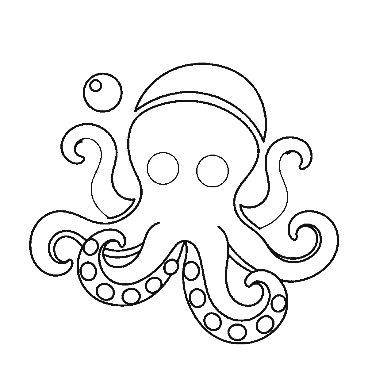 Step 5 of 6: Step-by-step drawing sheet: an octopus with bubbles rising beside it, built up over six frames from the domed head with both eye outlines and the two outer arms to the band across the head, then the remaining arms and their rows of suckers, with the bubbles and the filled pupils last, black outlines on white