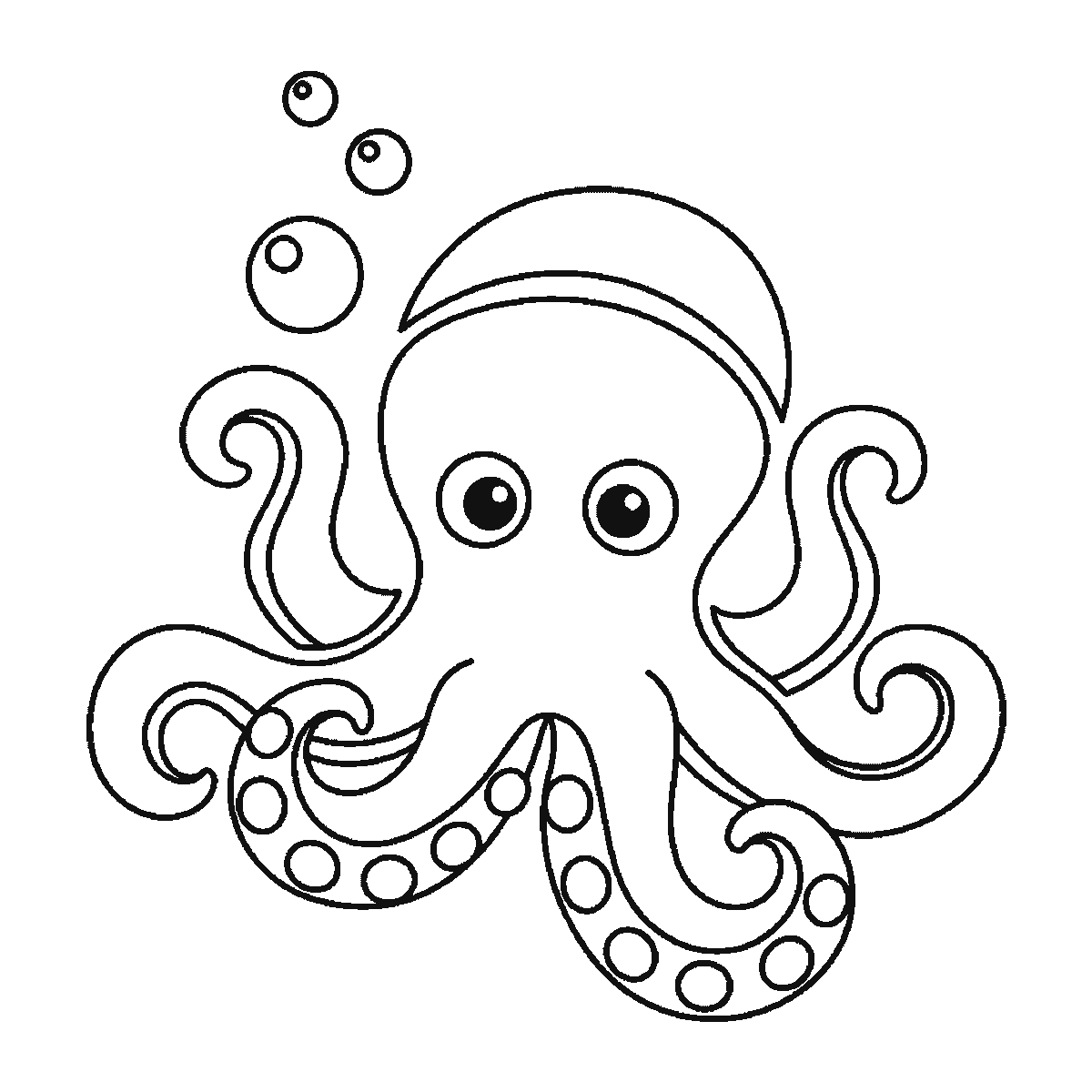 Step 6 of 6: Step-by-step drawing sheet: an octopus with bubbles rising beside it, built up over six frames from the domed head with both eye outlines and the two outer arms to the band across the head, then the remaining arms and their rows of suckers, with the bubbles and the filled pupils last, black outlines on white