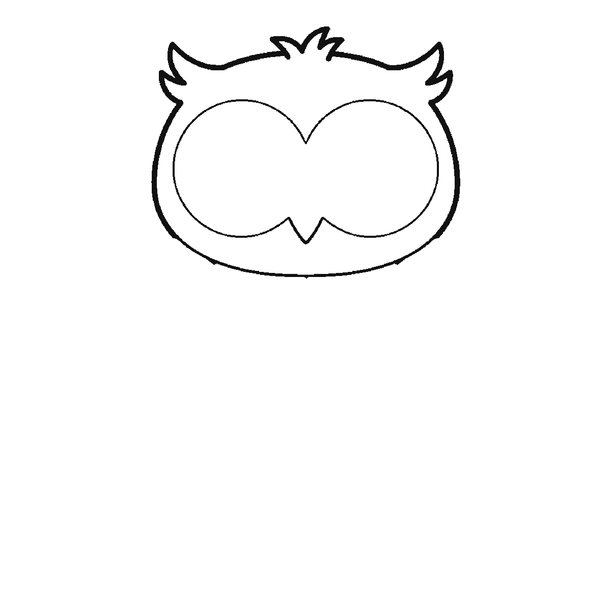 Step 1 of 6: Step-by-step drawing sheet: an owl facing forward on a thick branch, built up over six frames from the head and both ear tufts to the whole branch, then one wing at a time with the chest feathers, and the two pupils and the tail last, black outlines on white