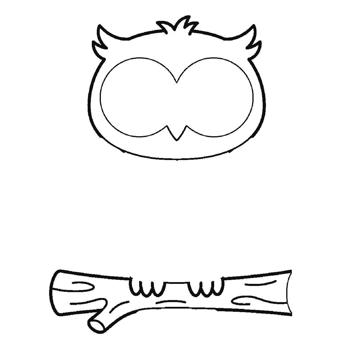 Step 2 of 6: Step-by-step drawing sheet: an owl facing forward on a thick branch, built up over six frames from the head and both ear tufts to the whole branch, then one wing at a time with the chest feathers, and the two pupils and the tail last, black outlines on white