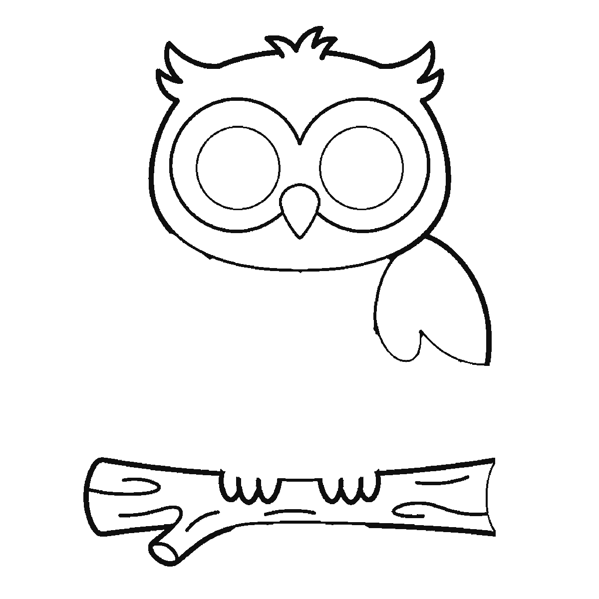 Step 3 of 6: Step-by-step drawing sheet: an owl facing forward on a thick branch, built up over six frames from the head and both ear tufts to the whole branch, then one wing at a time with the chest feathers, and the two pupils and the tail last, black outlines on white