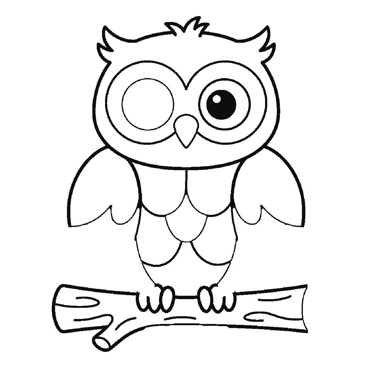 Step 4 of 6: Step-by-step drawing sheet: an owl facing forward on a thick branch, built up over six frames from the head and both ear tufts to the whole branch, then one wing at a time with the chest feathers, and the two pupils and the tail last, black outlines on white