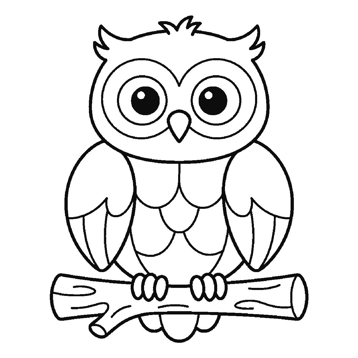 Step 6 of 6: Step-by-step drawing sheet: an owl facing forward on a thick branch, built up over six frames from the head and both ear tufts to the whole branch, then one wing at a time with the chest feathers, and the two pupils and the tail last, black outlines on white