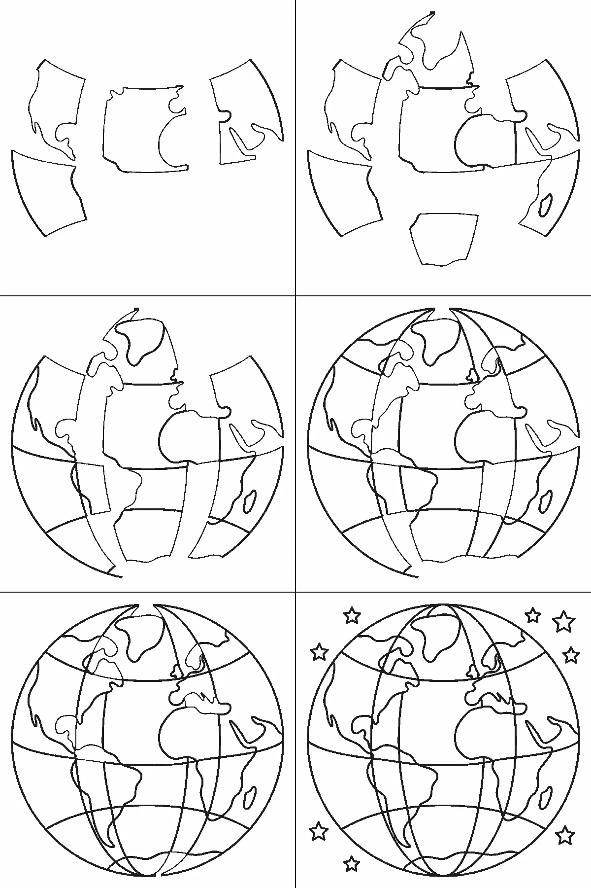 Step-by-step drawing sheet: the planet drawn as a large circle with curved grid lines and continents, built up over six frames ocean panel by ocean panel so the land emerges as the white left between them, with the eight stars last, black outlines on white