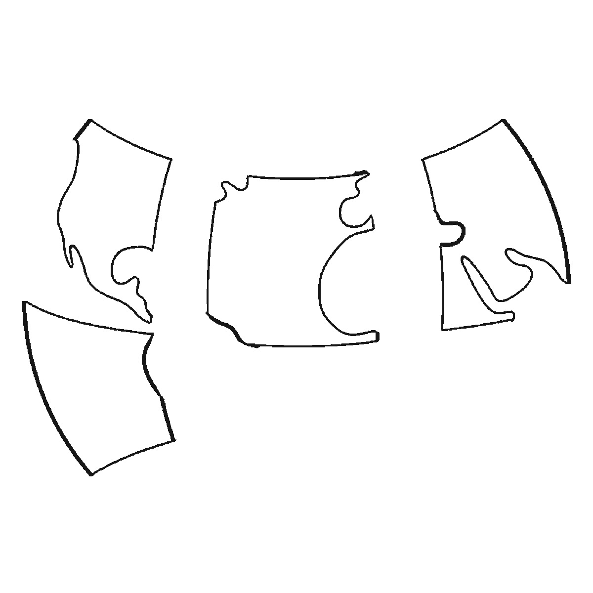 Step 1 of 6: Step-by-step drawing sheet: the planet drawn as a large circle with curved grid lines and continents, built up over six frames ocean panel by ocean panel so the land emerges as the white left between them, with the eight stars last, black outlines on white