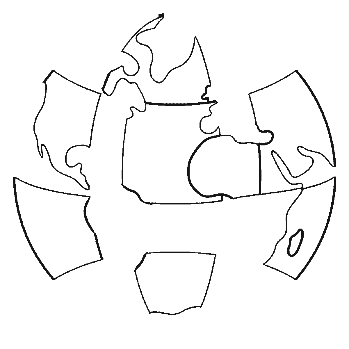 Step 2 of 6: Step-by-step drawing sheet: the planet drawn as a large circle with curved grid lines and continents, built up over six frames ocean panel by ocean panel so the land emerges as the white left between them, with the eight stars last, black outlines on white