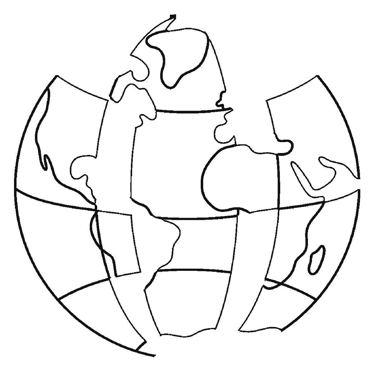Step 3 of 6: Step-by-step drawing sheet: the planet drawn as a large circle with curved grid lines and continents, built up over six frames ocean panel by ocean panel so the land emerges as the white left between them, with the eight stars last, black outlines on white