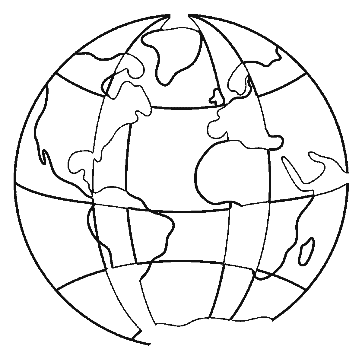 Step 4 of 6: Step-by-step drawing sheet: the planet drawn as a large circle with curved grid lines and continents, built up over six frames ocean panel by ocean panel so the land emerges as the white left between them, with the eight stars last, black outlines on white