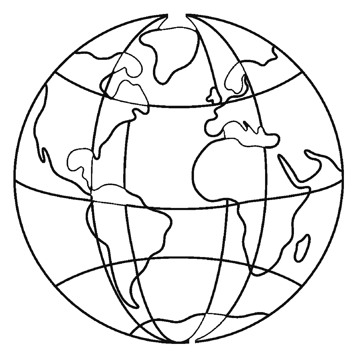 Step 5 of 6: Step-by-step drawing sheet: the planet drawn as a large circle with curved grid lines and continents, built up over six frames ocean panel by ocean panel so the land emerges as the white left between them, with the eight stars last, black outlines on white
