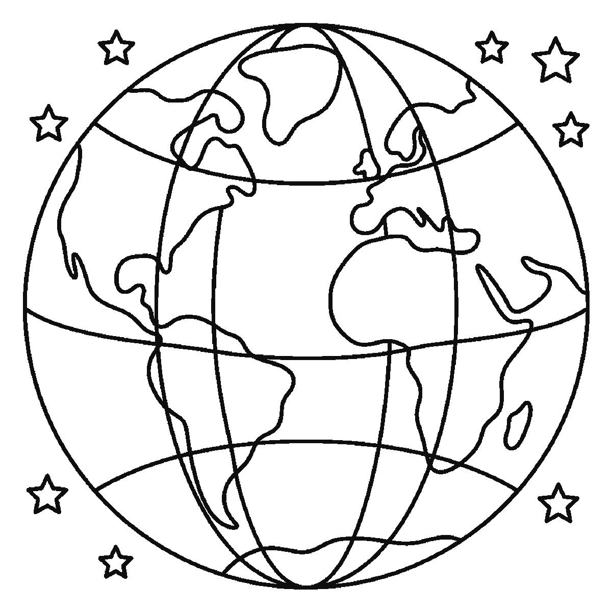 Step 6 of 6: Step-by-step drawing sheet: the planet drawn as a large circle with curved grid lines and continents, built up over six frames ocean panel by ocean panel so the land emerges as the white left between them, with the eight stars last, black outlines on white