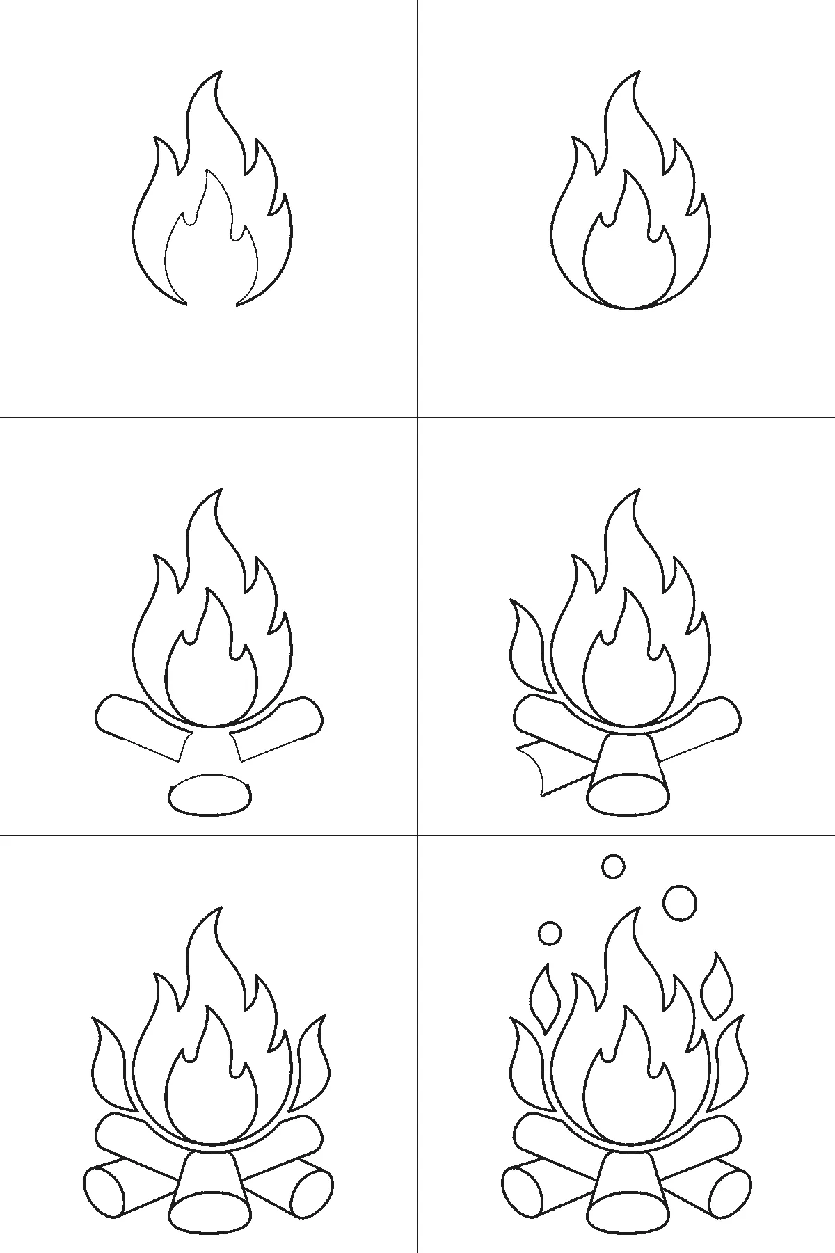 Step-by-step drawing sheet: a campfire of stacked logs and flames, built up over six frames from the main flame to the logs, smaller flames and sparks, black outlines on white