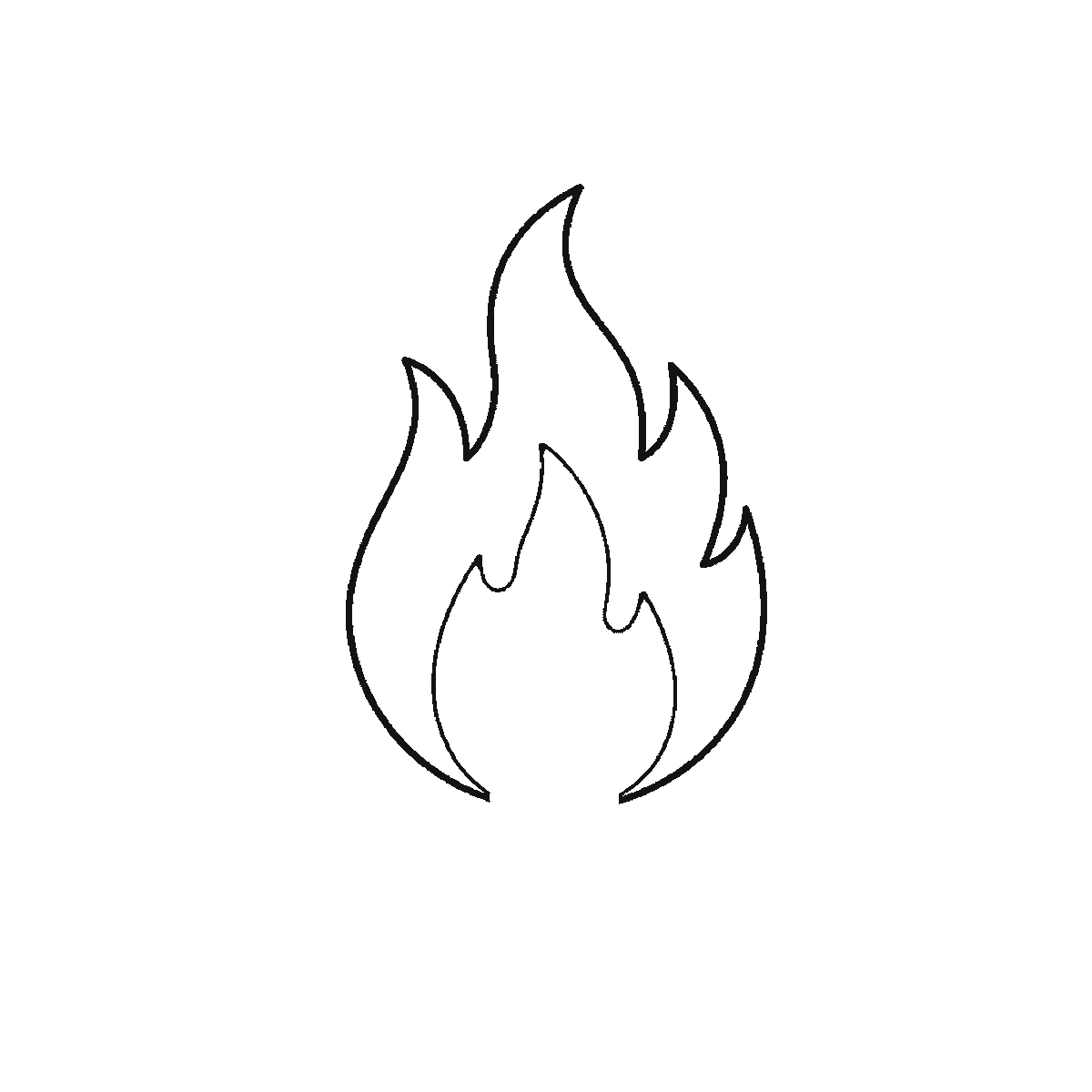 Step 1 of 6: Step-by-step drawing sheet: a campfire of stacked logs and flames, built up over six frames from the main flame to the logs, smaller flames and sparks, black outlines on white