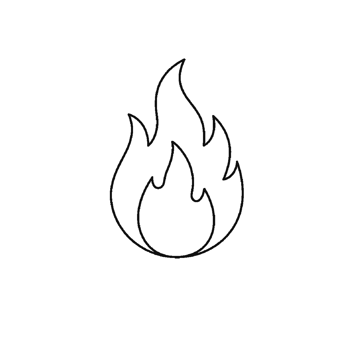 Step 2 of 6: Step-by-step drawing sheet: a campfire of stacked logs and flames, built up over six frames from the main flame to the logs, smaller flames and sparks, black outlines on white
