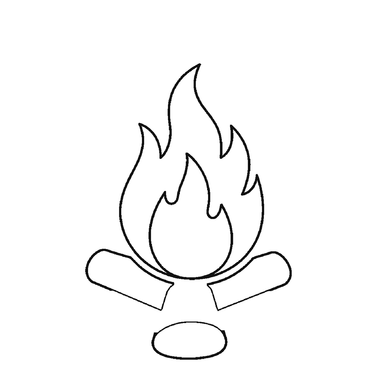 Step 3 of 6: Step-by-step drawing sheet: a campfire of stacked logs and flames, built up over six frames from the main flame to the logs, smaller flames and sparks, black outlines on white