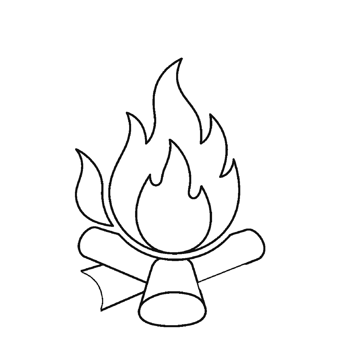 Step 4 of 6: Step-by-step drawing sheet: a campfire of stacked logs and flames, built up over six frames from the main flame to the logs, smaller flames and sparks, black outlines on white