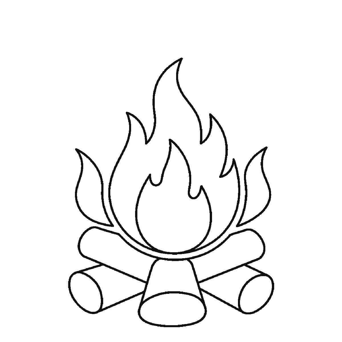 Step 5 of 6: Step-by-step drawing sheet: a campfire of stacked logs and flames, built up over six frames from the main flame to the logs, smaller flames and sparks, black outlines on white