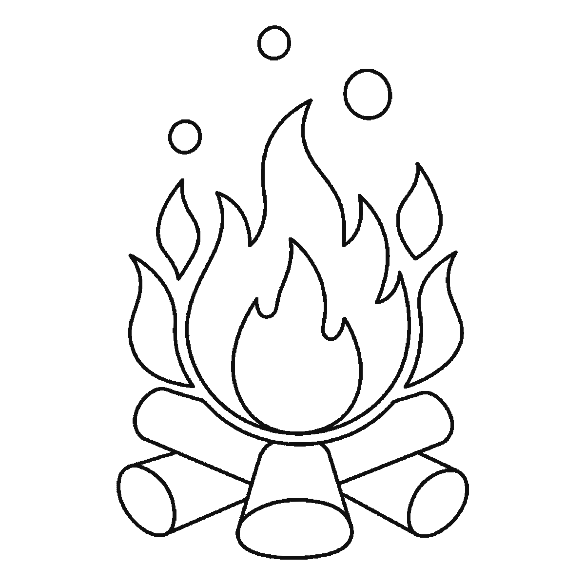 Step 6 of 6: Step-by-step drawing sheet: a campfire of stacked logs and flames, built up over six frames from the main flame to the logs, smaller flames and sparks, black outlines on white