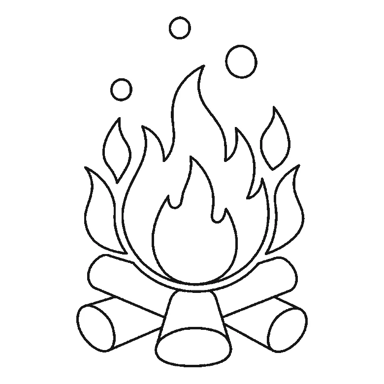 Step-by-step drawing sheet: a campfire of stacked logs and flames, built up over six frames from the main flame to the logs, smaller flames and sparks, black outlines on white