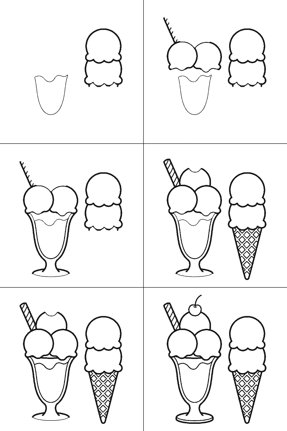 Step-by-step drawing sheet: an ice-cream sundae in a tall footed glass with three scoops, a wafer and a cherry, standing beside a waffle cone with two scoops, built up over six frames from the cone's scoops and the glass bowl to the sundae's scoops and wafer, the glass stem and foot, the waffle pattern, and the cherry last, black outlines on white