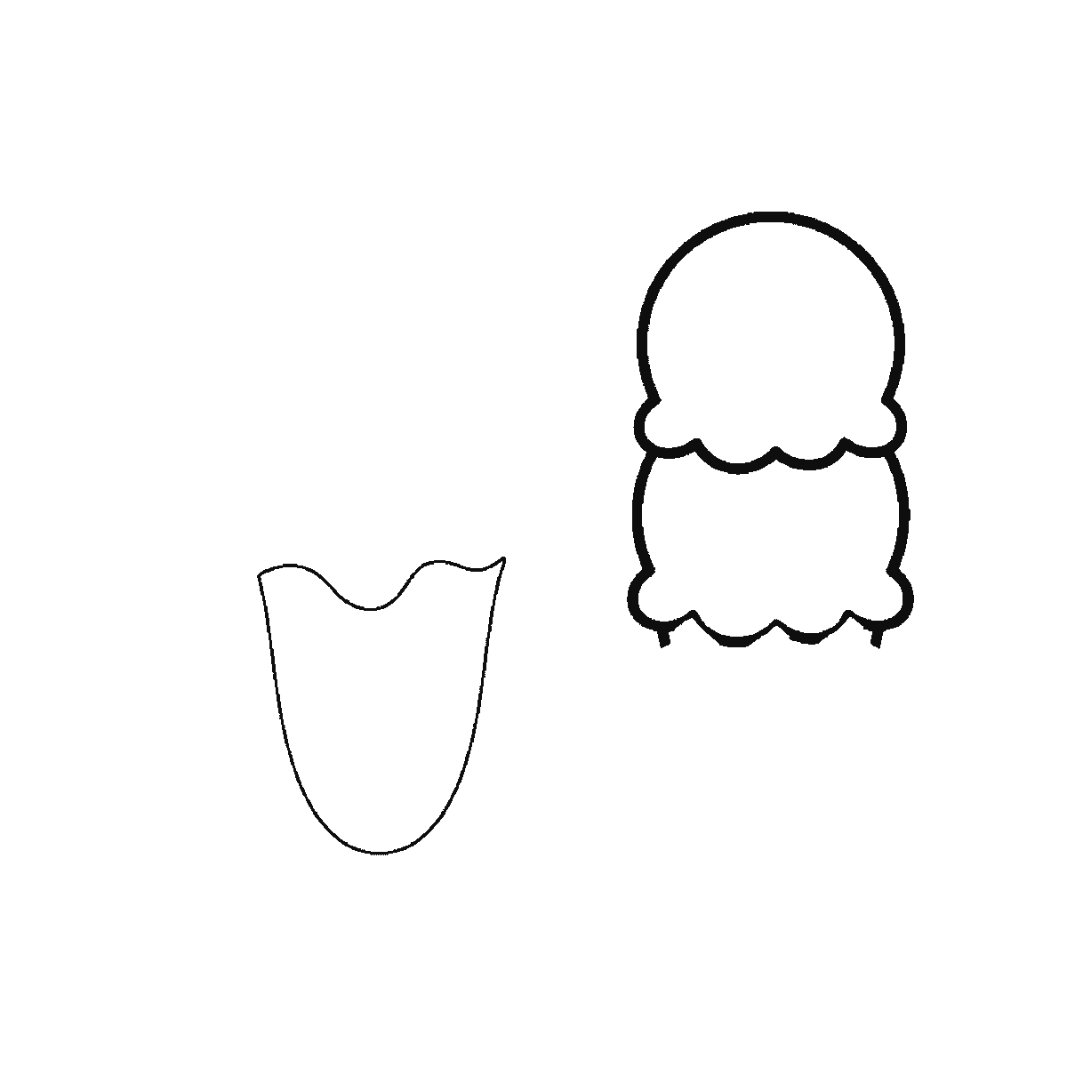 Step 1 of 6: Step-by-step drawing sheet: an ice-cream sundae in a tall footed glass with three scoops, a wafer and a cherry, standing beside a waffle cone with two scoops, built up over six frames from the cone's scoops and the glass bowl to the sundae's scoops and wafer, the glass stem and foot, the waffle pattern, and the cherry last, black outlines on white