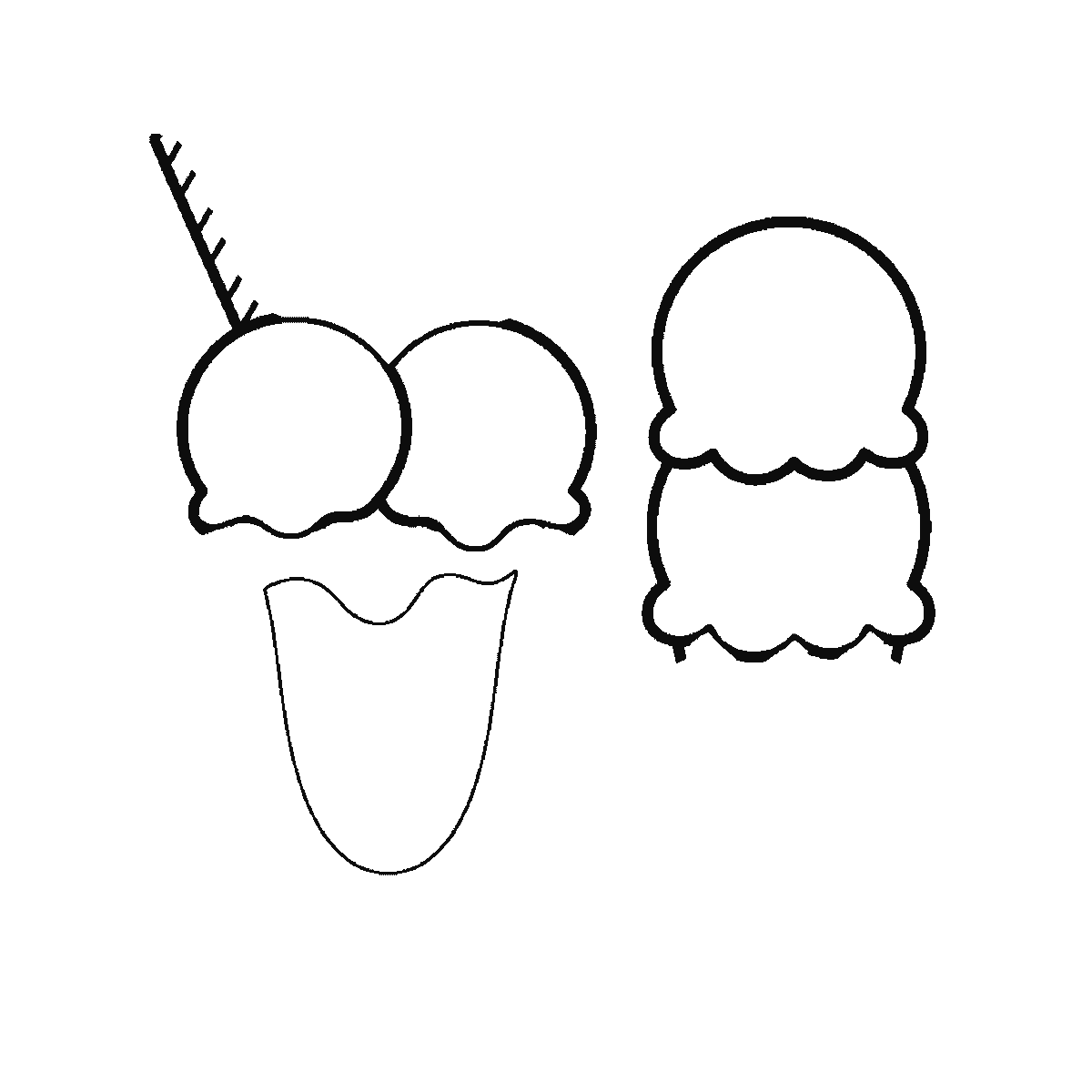 Step 2 of 6: Step-by-step drawing sheet: an ice-cream sundae in a tall footed glass with three scoops, a wafer and a cherry, standing beside a waffle cone with two scoops, built up over six frames from the cone's scoops and the glass bowl to the sundae's scoops and wafer, the glass stem and foot, the waffle pattern, and the cherry last, black outlines on white