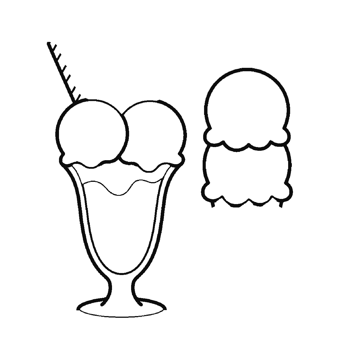 Step 3 of 6: Step-by-step drawing sheet: an ice-cream sundae in a tall footed glass with three scoops, a wafer and a cherry, standing beside a waffle cone with two scoops, built up over six frames from the cone's scoops and the glass bowl to the sundae's scoops and wafer, the glass stem and foot, the waffle pattern, and the cherry last, black outlines on white