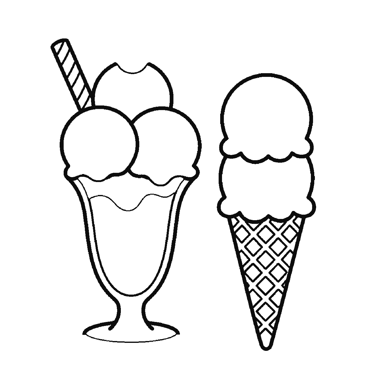 Step 4 of 6: Step-by-step drawing sheet: an ice-cream sundae in a tall footed glass with three scoops, a wafer and a cherry, standing beside a waffle cone with two scoops, built up over six frames from the cone's scoops and the glass bowl to the sundae's scoops and wafer, the glass stem and foot, the waffle pattern, and the cherry last, black outlines on white