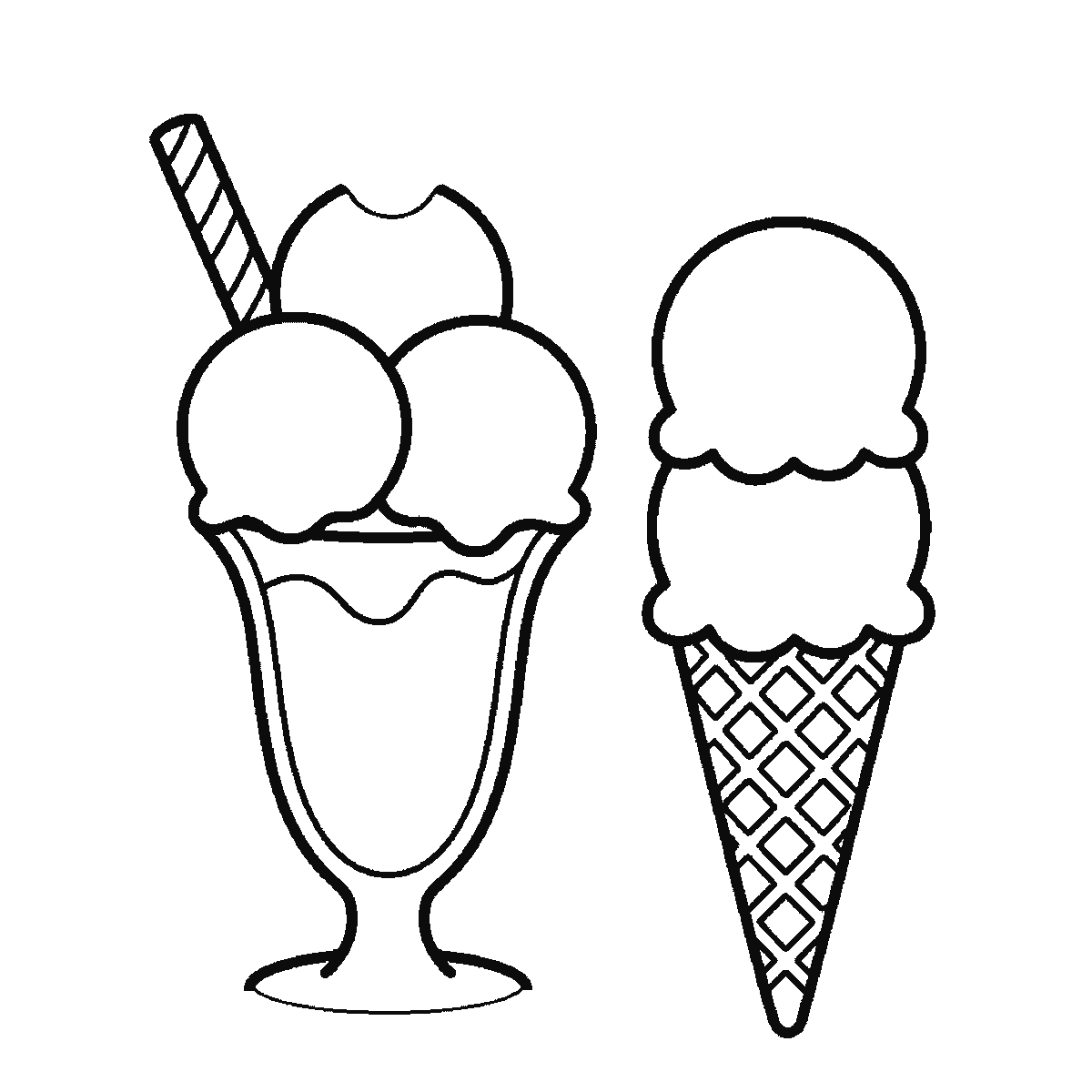 Step 5 of 6: Step-by-step drawing sheet: an ice-cream sundae in a tall footed glass with three scoops, a wafer and a cherry, standing beside a waffle cone with two scoops, built up over six frames from the cone's scoops and the glass bowl to the sundae's scoops and wafer, the glass stem and foot, the waffle pattern, and the cherry last, black outlines on white